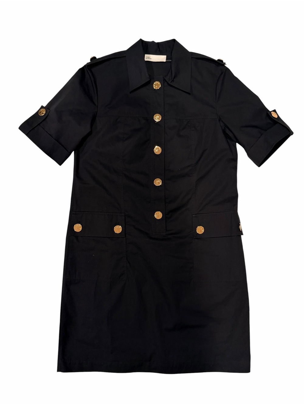 Tory Burch Black Short-Sleeve Buttony Front Shirt Dress with Gold Buttons Size 6